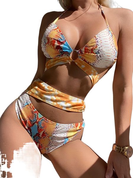 

snakeskin print ring linked knot back bikini swimsuit f16e#, White;black