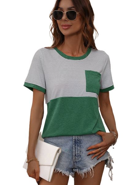 

striped print pocket front tee w0fi#, White