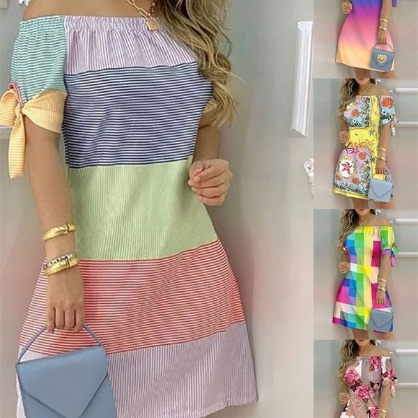 

women off shoulder mini dress summer short sleeve bow tie striped floral print dresses fashion casual loose dress vestidos 220705, Black;gray