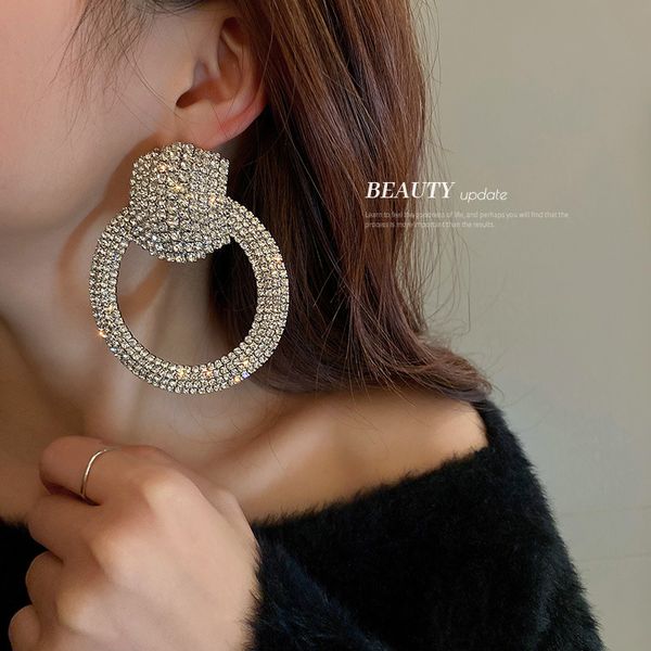

925 silver needle exaggerated diamond round earrings european and american fashion fully-jewelled ear ring personality trend heavy, Golden