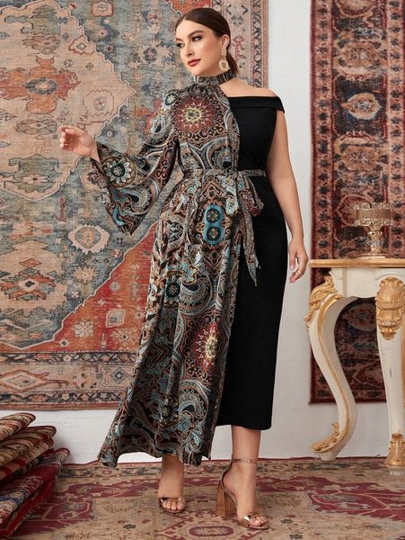 

plus floral print asymmetrical neck 2 in 1 belted dress k1gd#, Black