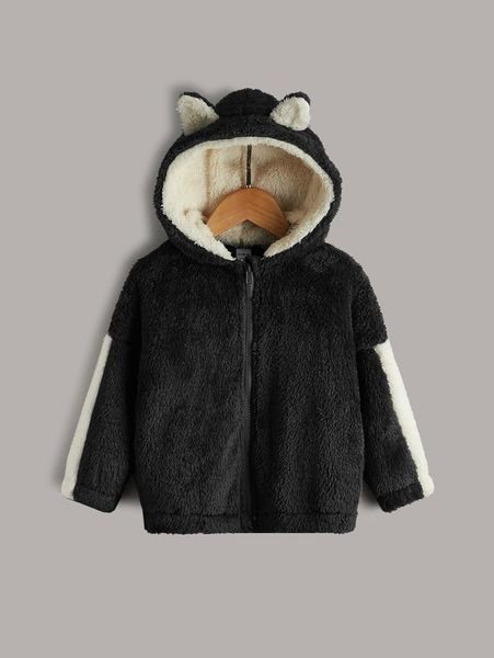 

toddler boys contrast side seam 3d ears design hooded teddy jacket she, Blue;gray