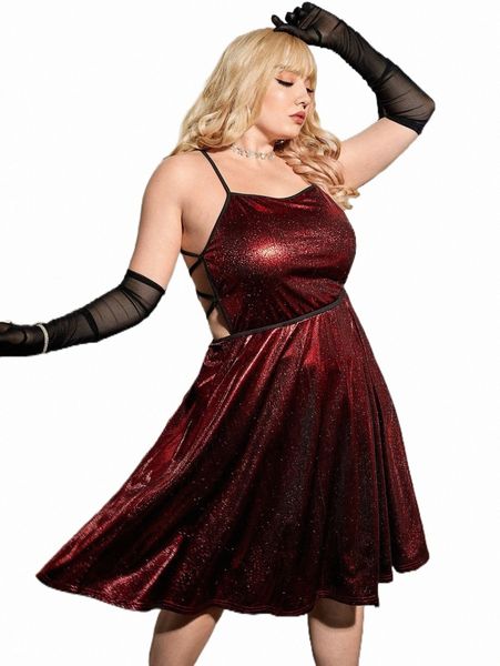 

plus lace up backless metallic cami dress h8st#, Black