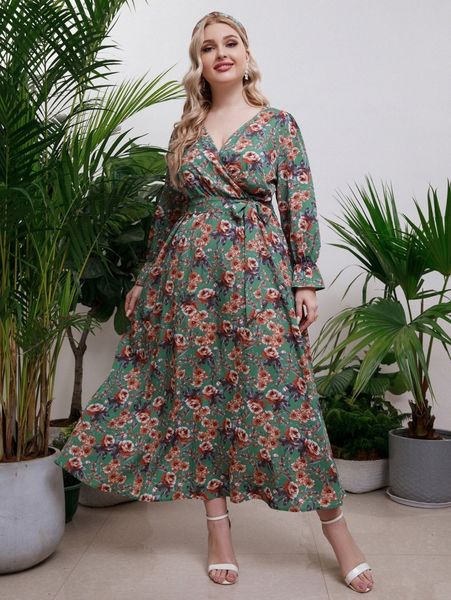 

plus floral print flounce sleeve belted dress u3rg#, Black