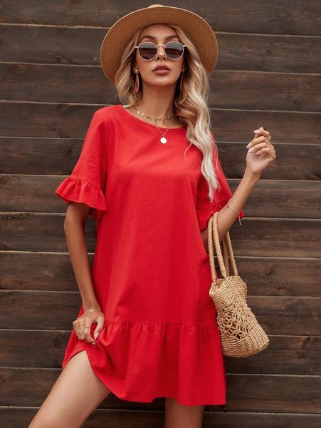 

solid flounce hem babydoll dress k0co#, Black;gray