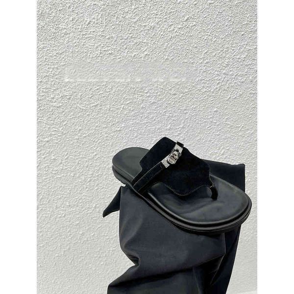 

spring and summer 2022 new flat bottomed low heel leather flip flops black sals casual versatile sals for women outlet