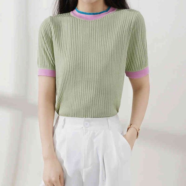 

women's hoodies sweatshirts summer round neck color matching stripe short sleeve t-shirt slim fit pullover green sweater women fayy, Black