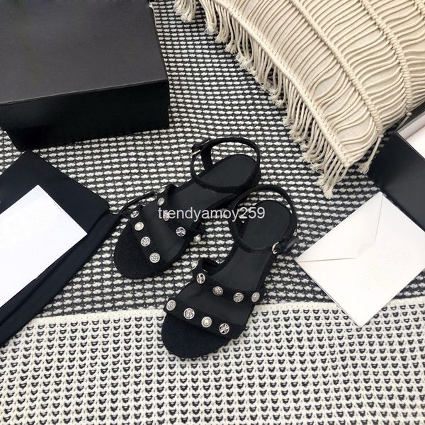 

slippers straight button sandals women's leather flat bottom aluminum shoes summer, Black