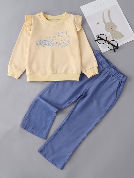 

toddler girls bear and letter graphic frill trim sweatshirt & pants she, White