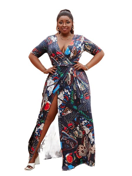 

plus allover print wrap knot side dress n9su#, Black