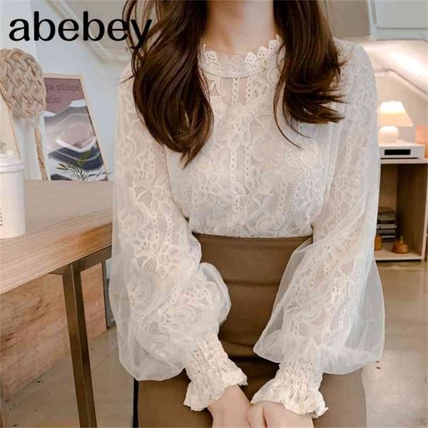 

new women mesh sheer blouse see-through lantern long sleeve blouse fashion button transparent white shirt female blusas 210412