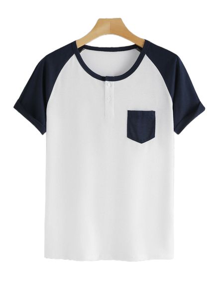 

men colorblock patched pocket raglan sleeve tee 80oq#, White;black