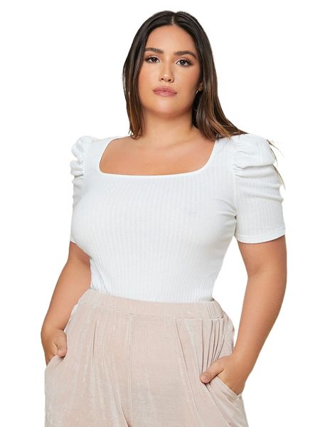 

plus ribbed knit scoop neck puff sleeve tee j0ly#, Black