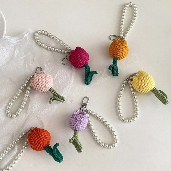 Fatti a mano Tulip Flower Pearl String Tessitura Portachiavi Cordino Maglieria Anti-perso Fibbia Auto Portachiavi Ragazza Borsa Ciondolo Gioielli Regalo