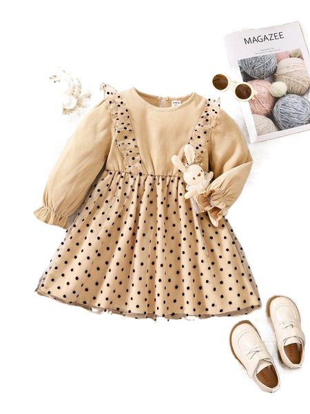 

toddler girls polka dot ruffle trim flounce sleeve dress y7t0#, Black;white
