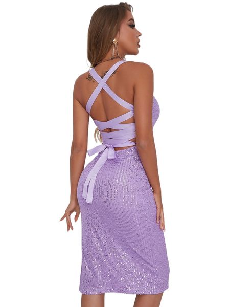 

d& lace up back split thigh sequins dress 27ya#, Black;gray