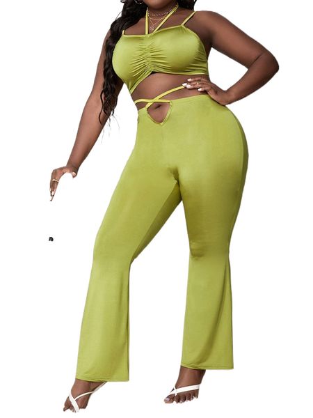 

sxy plus drawstring front crop cami with flare leg pants d72g#, Black