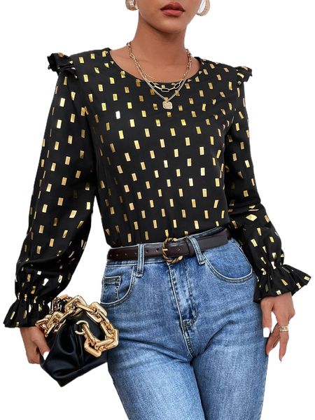 

gold geo print flounce sleeve ruffle trim blouse u8zy#, White