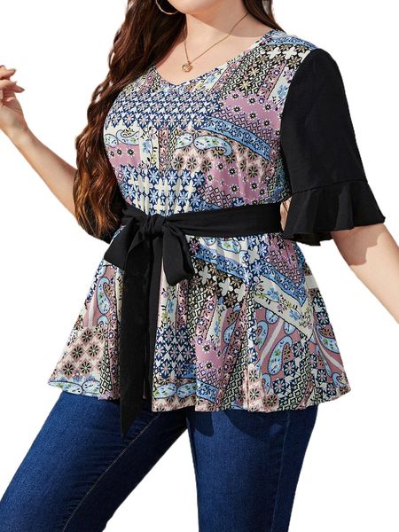

plus patchwork print flounce sleeve belted blouse n411#, Black