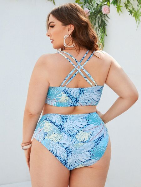 

plus tropical print cross back bikini swimsuit h5ru#, White;black
