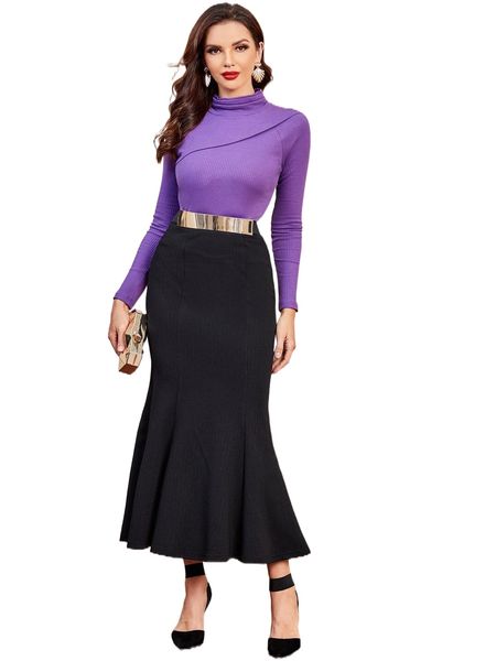 

high waist mermaid hem skirt 35lp#, Black