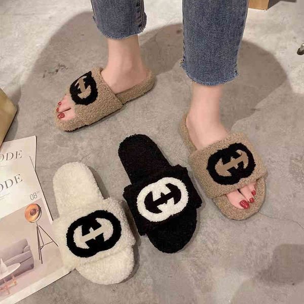 

autumn winter new g family thick lamb wool flat bottomed 2022 trendy fashion design ladies slippers, Black