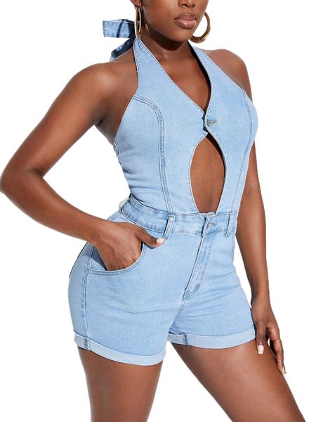 

sxy cut out front halter neck roll up hem denim romper u1wt#, Black;white