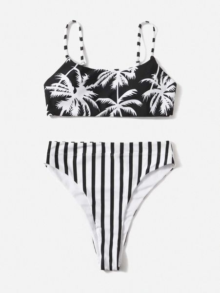 

tropical print high waisted bikini swimsuit r9hc#, White;black