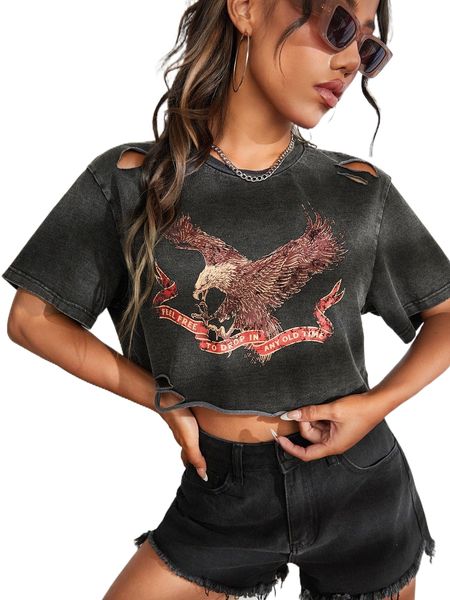 

x the bentez eagle & slogan graphic ripped crop tee 55uy#, White