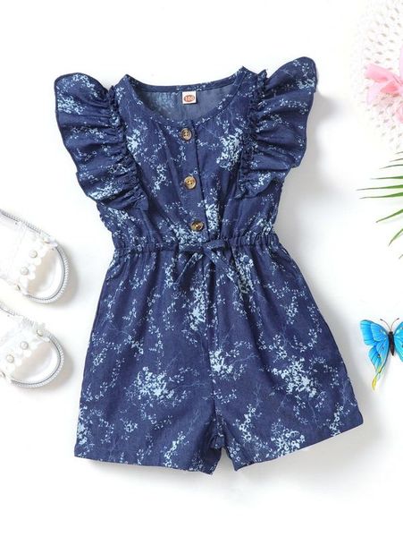 

toddler girls plant print ruffle trim romper she, Blue
