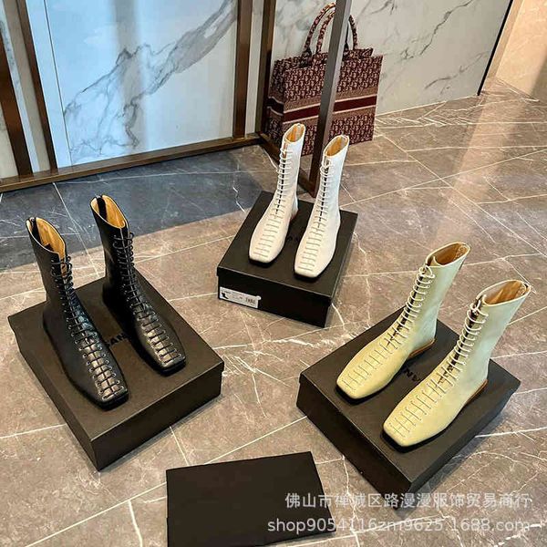

boots autumn winter hole cowhide short boots women's front lace up rear zipper square head middle tube flat bottomed knight, Black