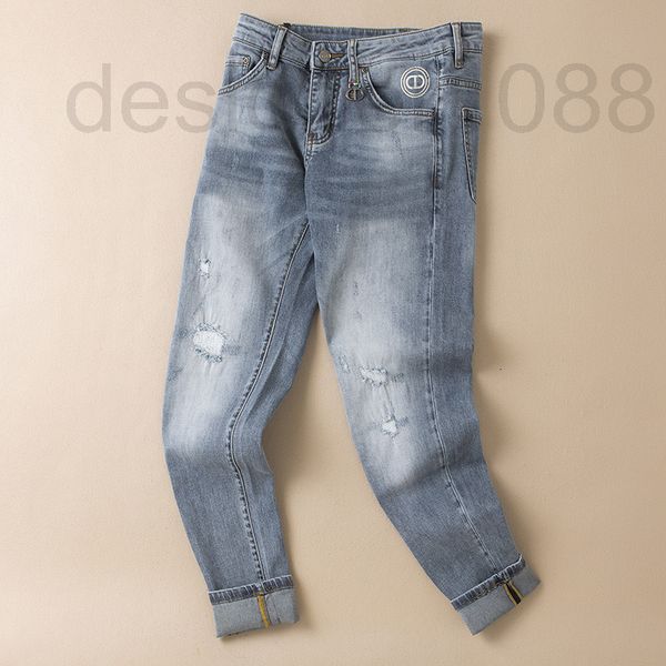 

men's jeans designer spring and summer 2022 high end light color jeans men's fashion brand hole slim fit small straight tube middl, Blue