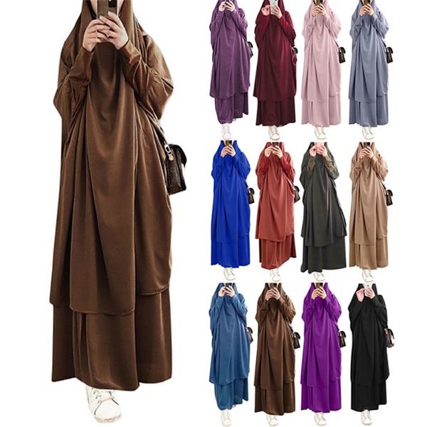 Free Size Muslim Solid Colors Damen Big Swing Kleid mit Kopftuch für Arabia Dubai Islamische Langarm Lose Abaya Kleidung 21423