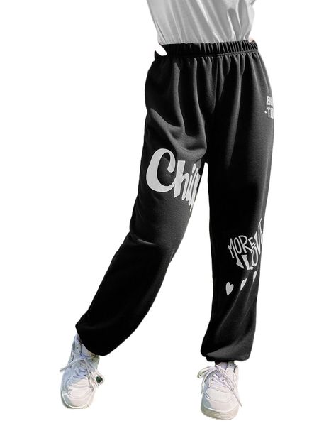 

letter & heart print sweatpants 17kc#, Black;white