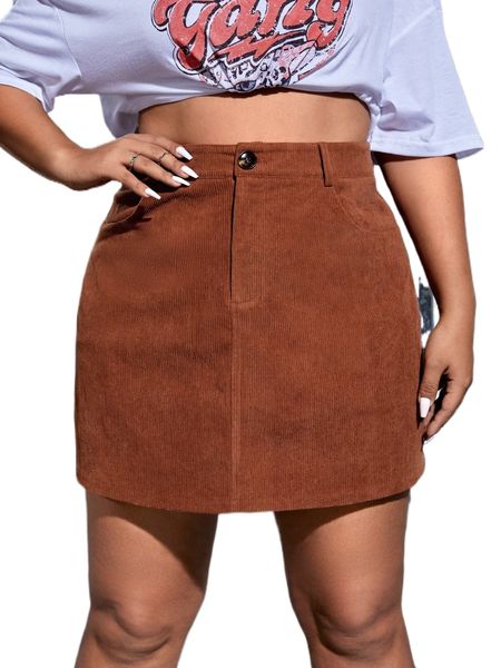 

plus high waist corduroy skirt q11k#, Black