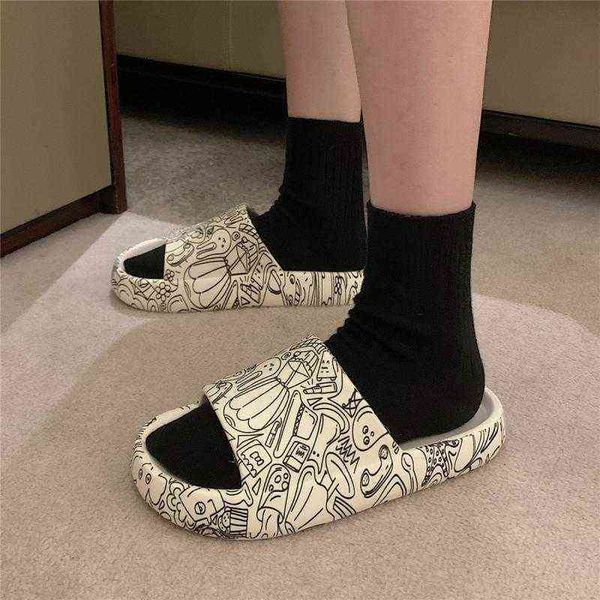 

wearing sandals and slippers new home stepping on shit soft thick bottom fashion personality slippers female summer t220728, Black