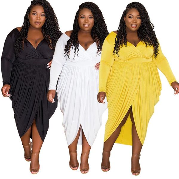 Plus Size Kleider Herbst Maxikleid Damen Kleidung Drapierter Slip Saum V-Ausschnitt Sexy Party Mode Langarm Großhandel Drop