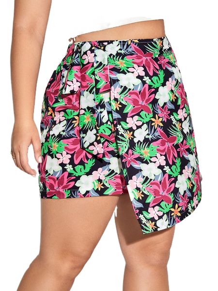 

plus floral print tie side asymmetrical hem skort n3j0#, Black
