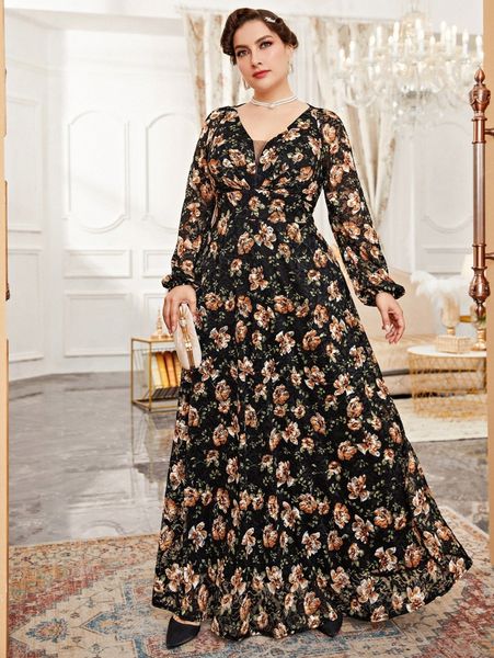 

plus floral print lantern sleeve lace dress y2vm#, Black