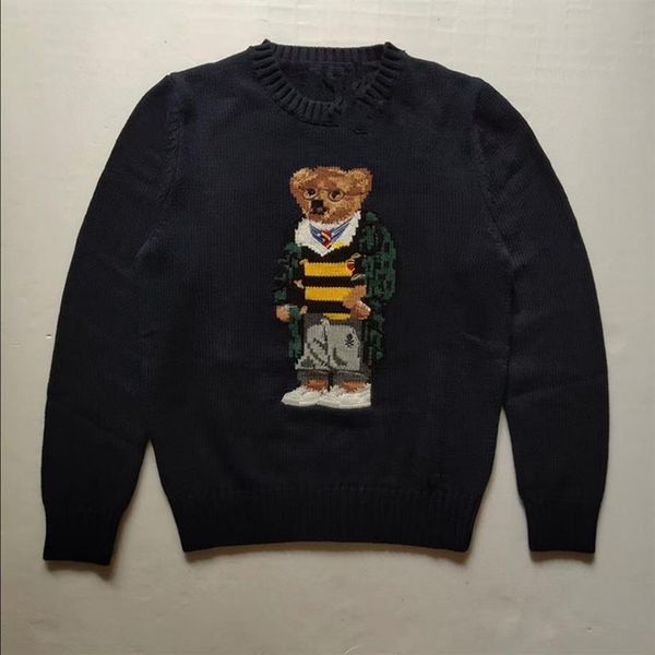 

round neck cotton bear embroidered men's casual long sve sweater rl style autumn and winter new in 2022173r, White;black