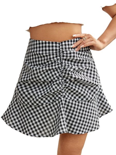 

ruched front ruffle hem gingham skirt e8zd#, Black