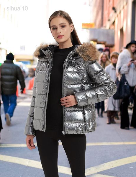 

giolshon women padded lightweight puffer coat warm fur collar hood female shiny patent parka down jackets outerwear l220725, Black