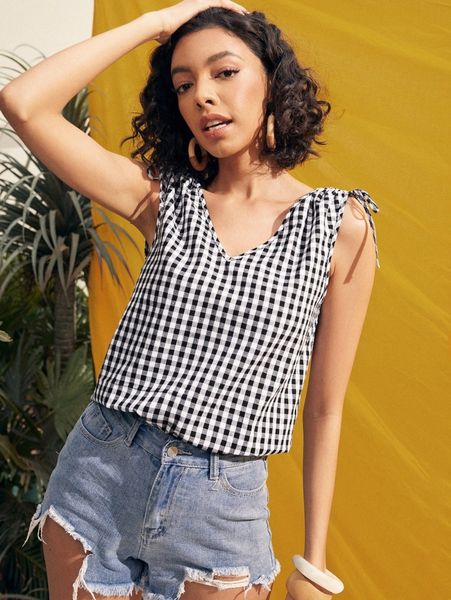 

buffalo plaid knot shoulder tank l1lp#, White