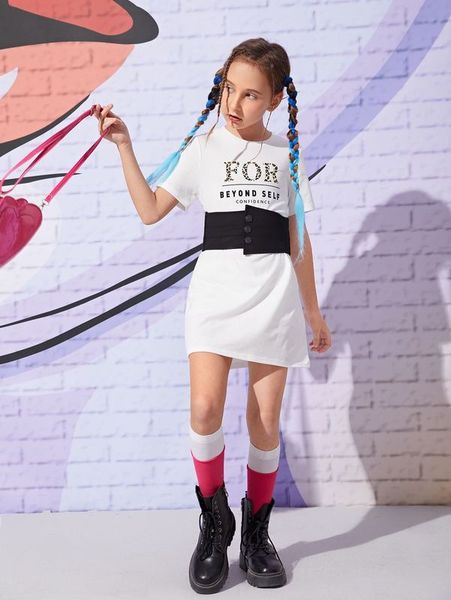 

girls letter graphic tee dress & corset she, White