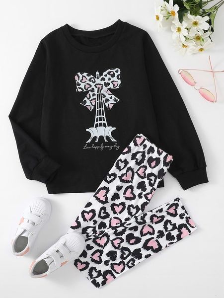 

girls bow & heart pullover & leggings she, White
