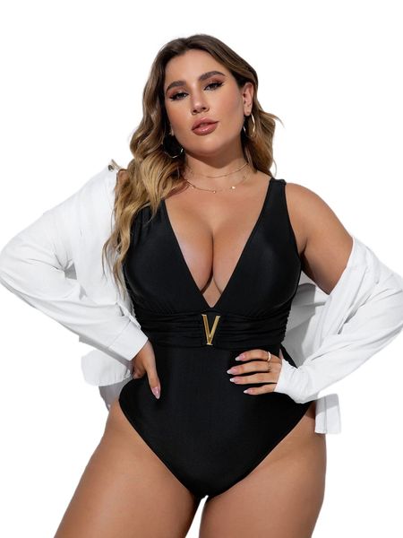 

plus deep v neck ruched one piece swimsuit 808k#, White;black