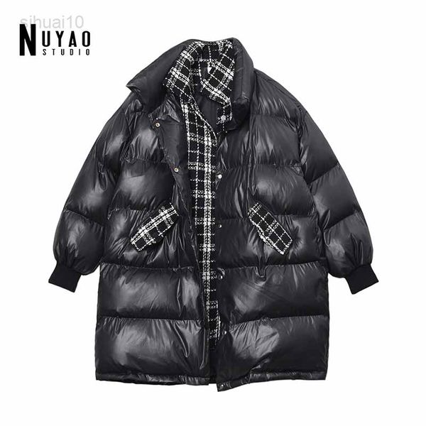 

2022 winter new tweed plaid stitching cotton padded coat women's parka thick warm streetwear loose oversize bread jacket female l220725, Black