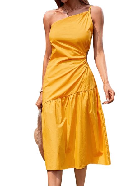 

one shoulder cut out waist dress a7ks#, Black;gray