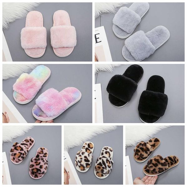 

fashion designer kids slipper for girl fluffy open toe flat house flats with winter baby plush slippers pink black solid toddler leopard fur, Black;grey