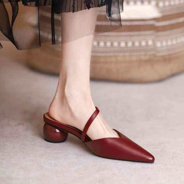 

designer shoes cowhide summer 2022 new sandals women's pointed thick heel baotou slippers middle fashionable, Black